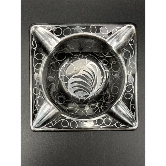 Vintage Art Nouveau Floral Butterfly Clear Glass Silver Overlay Square Ashtray - Picture 5 of 5